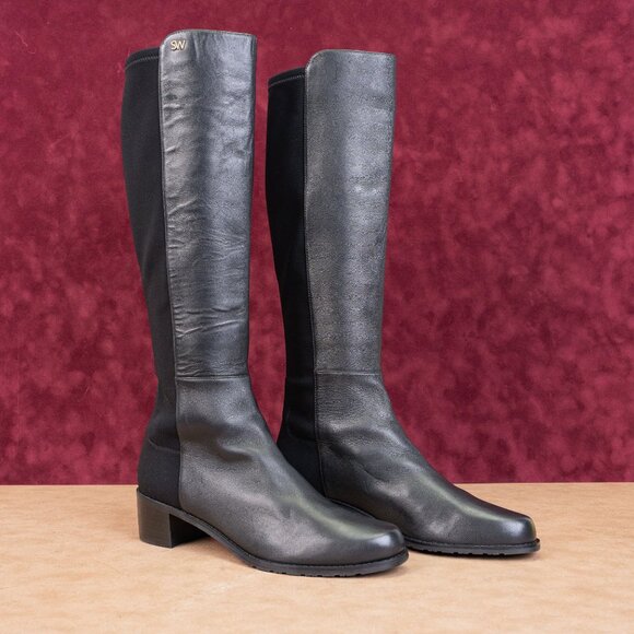 Stuart Weitzman Wmn Keelan Black Leather Stretch Dress Office Knee boots sz 9 - Picture 1 of 10